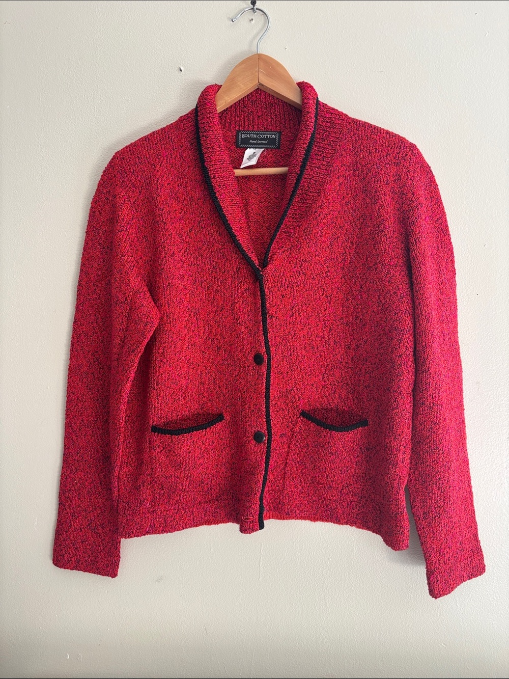 Red Shawl Collar Button Cardigan Sweater